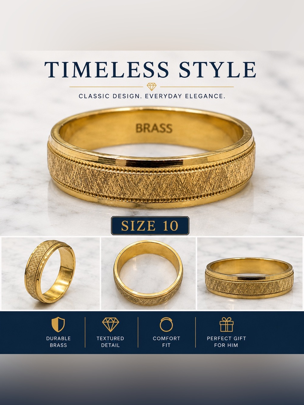 Timeless Style Men's Brass Ring - Gold Tone (Size 10)